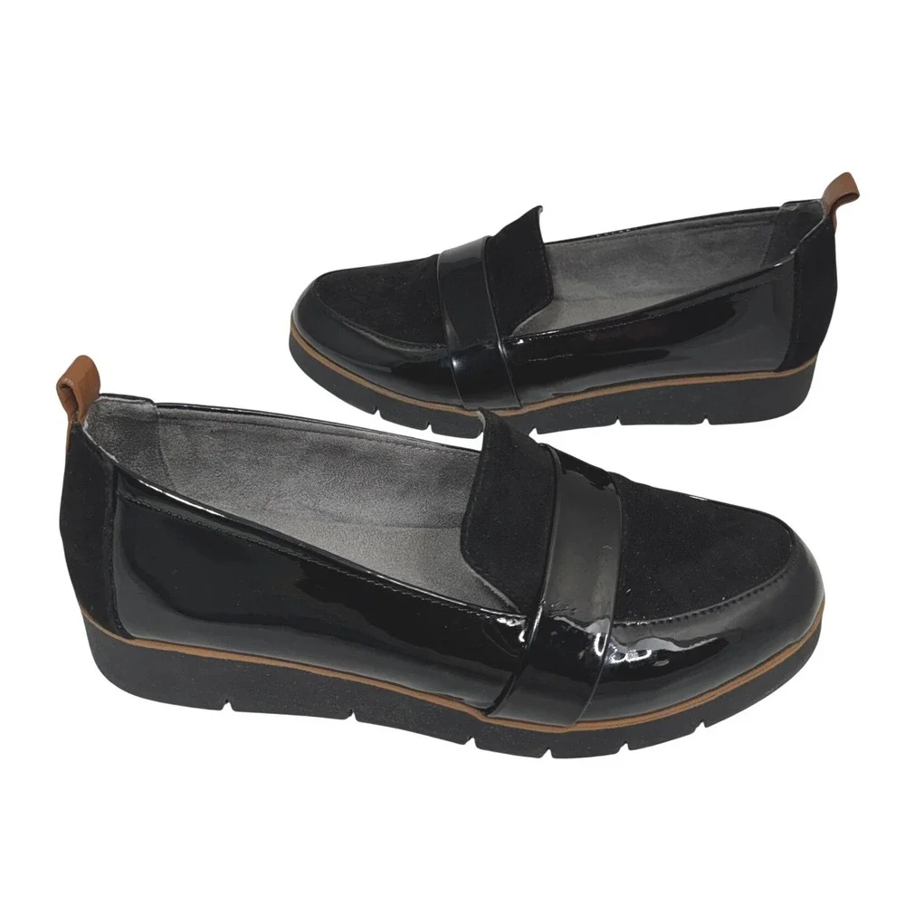 Dr Scholls Womens Black Patent and Suede Platform Lug Sole Loafers Size 7.5M